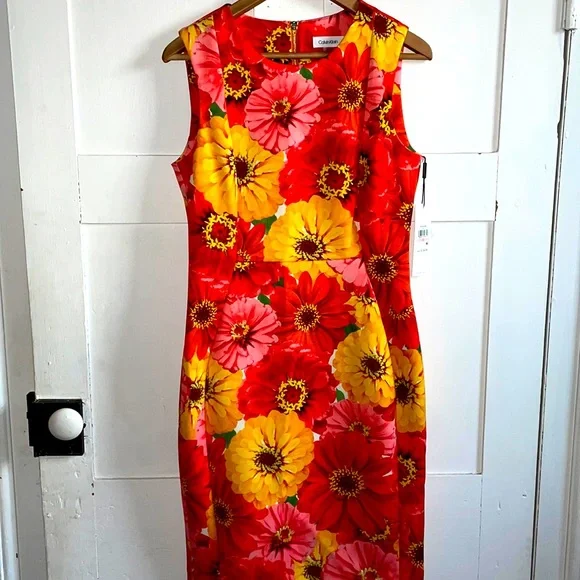 Calvin Klein Floral Print Midi Dress Summer Spring Fall Semi Formal Size 10 New - Picture 2 of 10